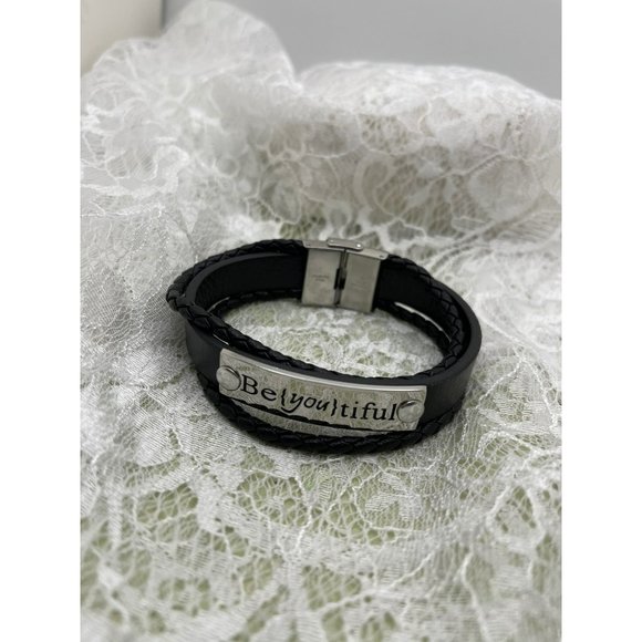 "Be{you}tiful" Stainless Steel & Black Faux Leather Easy Clasp Bracelet - Picture 11 of 11